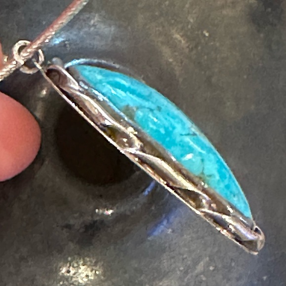 Vintage Old Pawn Sterling Silver Large Turquoise Pendant Necklace Snake Chain - Picture 3 of 7